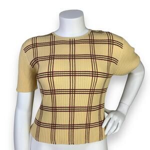 Casual Corner Womens Plaid Top Size XL Ribbed Knit Yellow Brown Sweater VTG Y2K